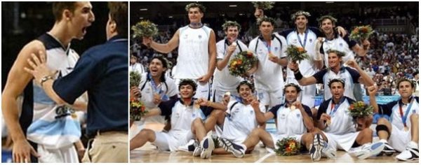 No basquete, a decepção havia sido perder a Copa do Mundo de 2002 no fim da prorrogação por erro de arbitragem. À esquerda, Wolkowsky, Nocioni, Fernández, Scola e Oberto; Gutiérrez, Delfino, Sconochini, Montecchia, Herrmann (atrás), Ginóbili e Sánchez