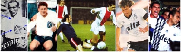 A primeira camisa do Independiente e as origens relembradas nos anos 60, 70 (Intercontinental 1972, contra o Ajax), 80 e 90 (Supercopa 1995, contra o Flamengo – o de boca aberta é Mondragón, o mais velho das Copas)