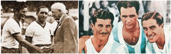 Cumprimentado por Jules Rimet e com Carlos Peucelle e Emilio Baldonedo: autores dos gols no 6-1 no Brasil